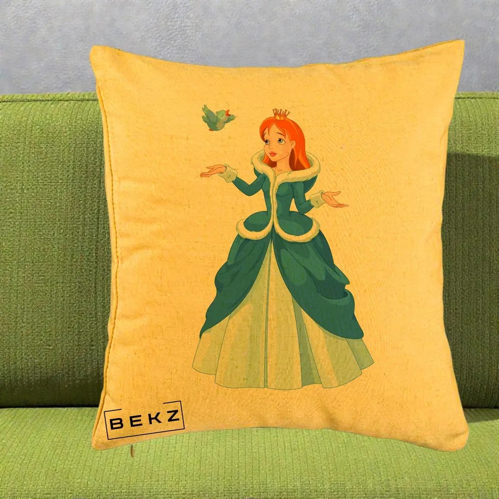 Perna Personalizata Printesa Albastra cu Pasare, 40x40 cm, Galben, Husa Detasabila, Perna Inclusa, BEKZ®