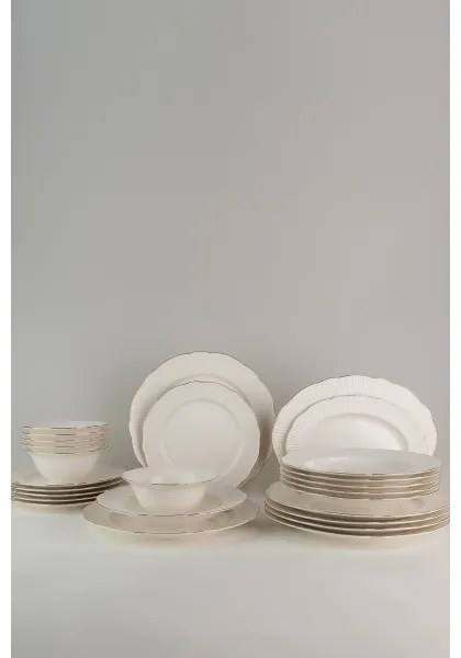 Set de veselă 26 piese, porțelan bone china, alb/argintiu/ivoriu