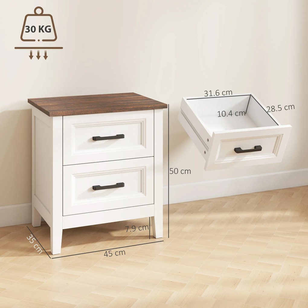 HOMCOM Noptieră cu 2 Sertare Stil Rustic Noptieră pentru Salón Dormitor 45x30x50 cm Alb | Aosom Romania