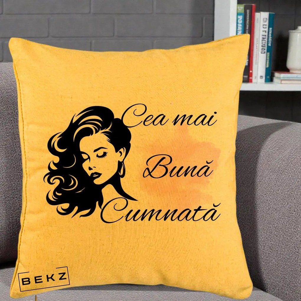 Cadou pentru Cumnata - Perna Personalizata Cea mai Buna Cumnata cu Silueta Dama si Pete Roz, 40x40 cm, Galben, Husa Detasabila, Perna Inclusa, BEKZ®