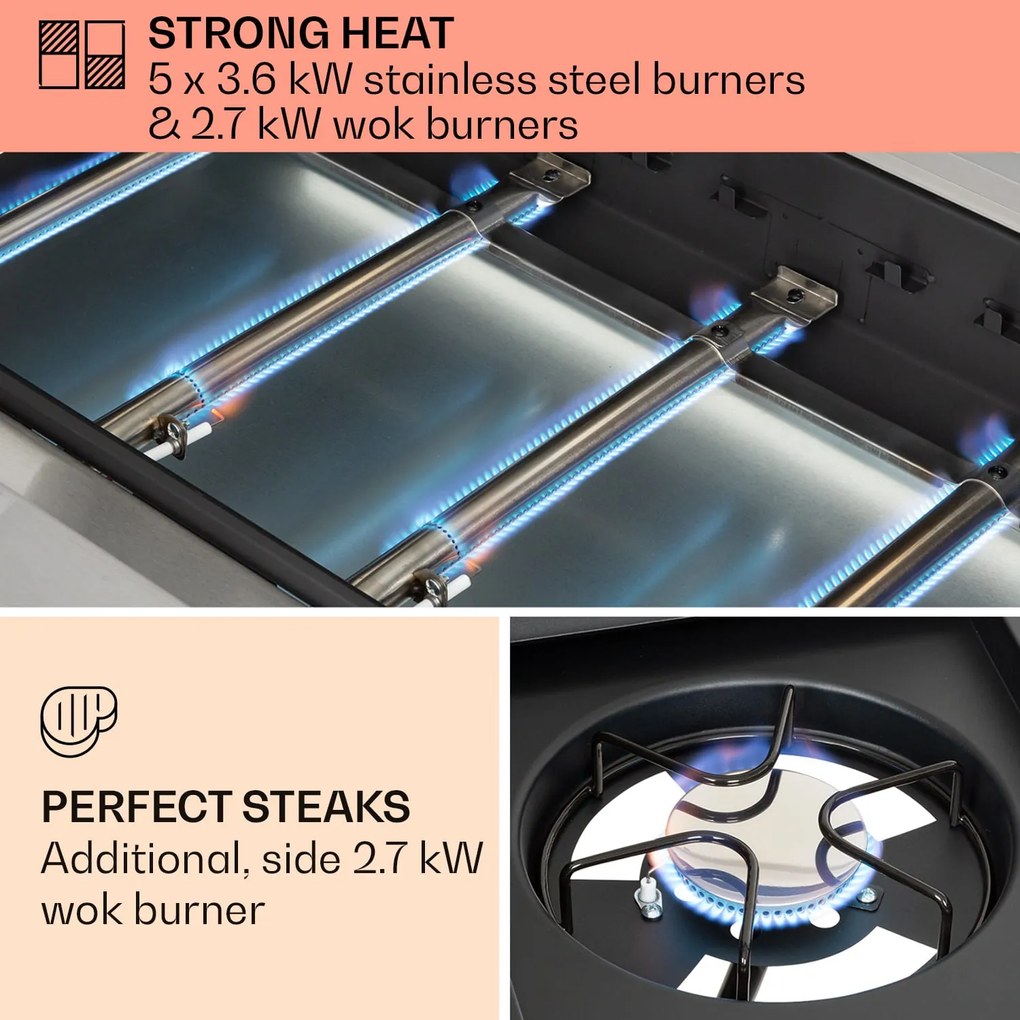 Tomahawk, grătar cu gaz, 5 arzătoare de 3,6 kW + arzător 2,7 kW, 80 x 43,5 cm, grătar din oțel inoxidabil