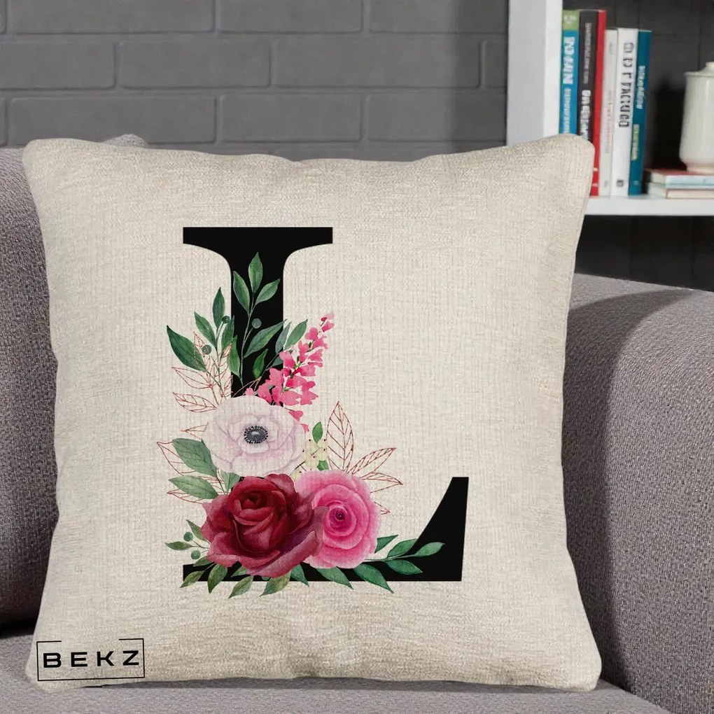 Cadou Personalizat - Perna Personalizata Monograma Florala Litera L, 40x40 cm, Bej Canapea, Husa Detasabila, Perna Inclusa, BEKZ®