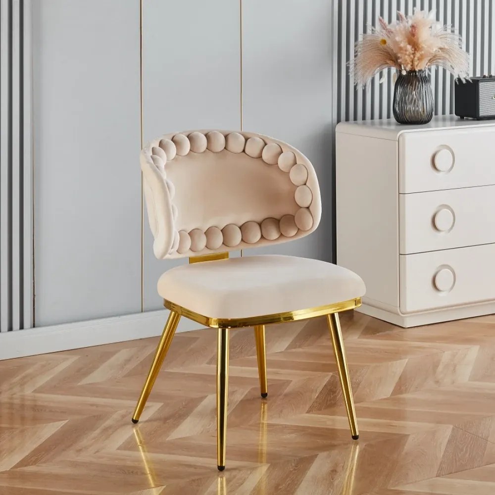 Scaun dining, picioare robuste din oțel cu finisaj auriu, tapiterie catifea, Bej