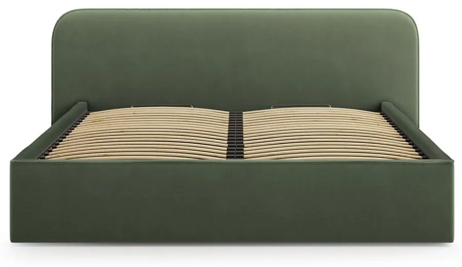 Pat matrimonial verde tapițat cu spațiu de depozitare cu somieră 200x200 cm Elizabeth – Micadoni