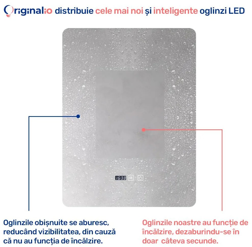 Oglindă LED Dreptunghiulară (60x80 cm), 3 Moduri Iluminare (Lumină Rece, Naturală, Caldă), Intensitate Reglabilă, Funcție Dezaburire, Ceas (Timer) și Termometru, Control Tactil (Touch)