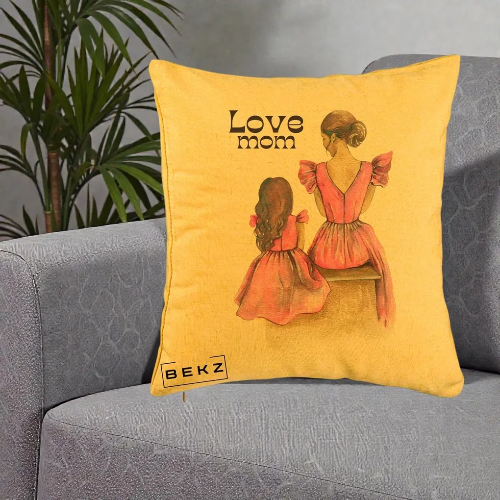 Cadou pentru Mama - Perna Personalizata Love Mom Rochii Roz, 40x40 cm, Galben, Husa Detasabila, Perna Inclusa, BEKZ®