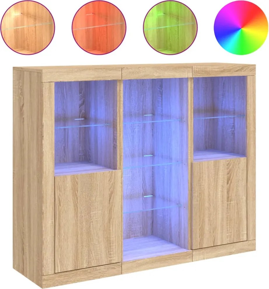 vidaXL Servantă cu lumini LED, 3 buc., stejar sonoma, lemn prelucrat