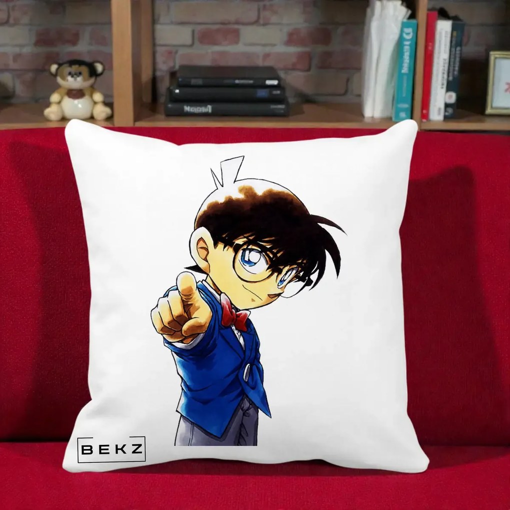 Perna Personalizata Detective Conan Conan Arata, 40x40 cm, Alba Mata, Husa Detasabila, Perna Inclusa, BEKZ®
