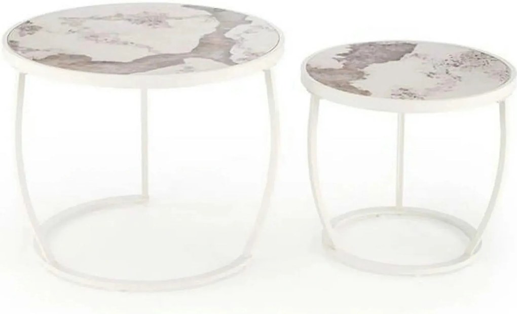 Set 2 masute cafea INES, bej cu efect de marmura/alb, ceramica/metal