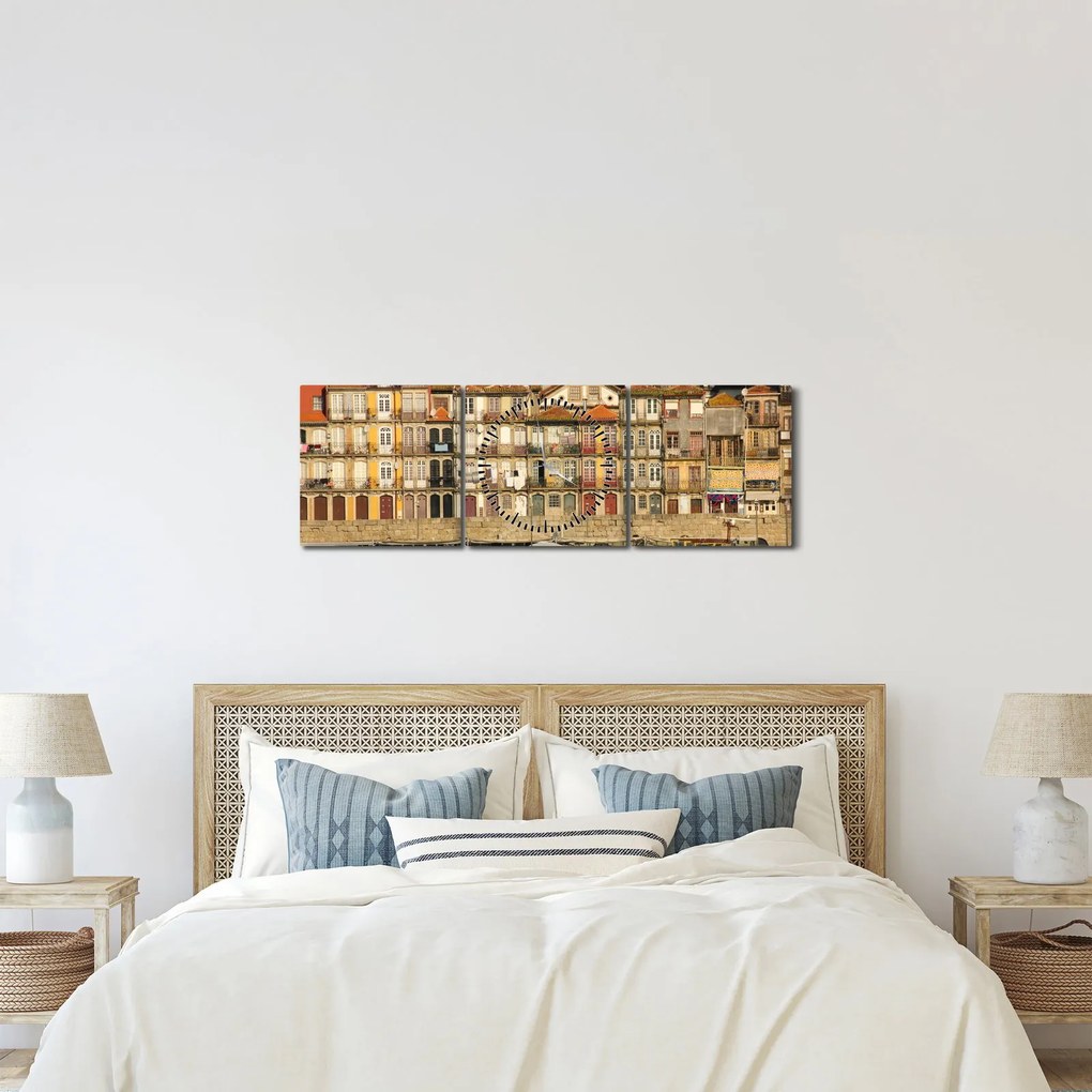 Tablou - Cartierul Waterfront, Portugalia (cu ceas) (90x30 cm)