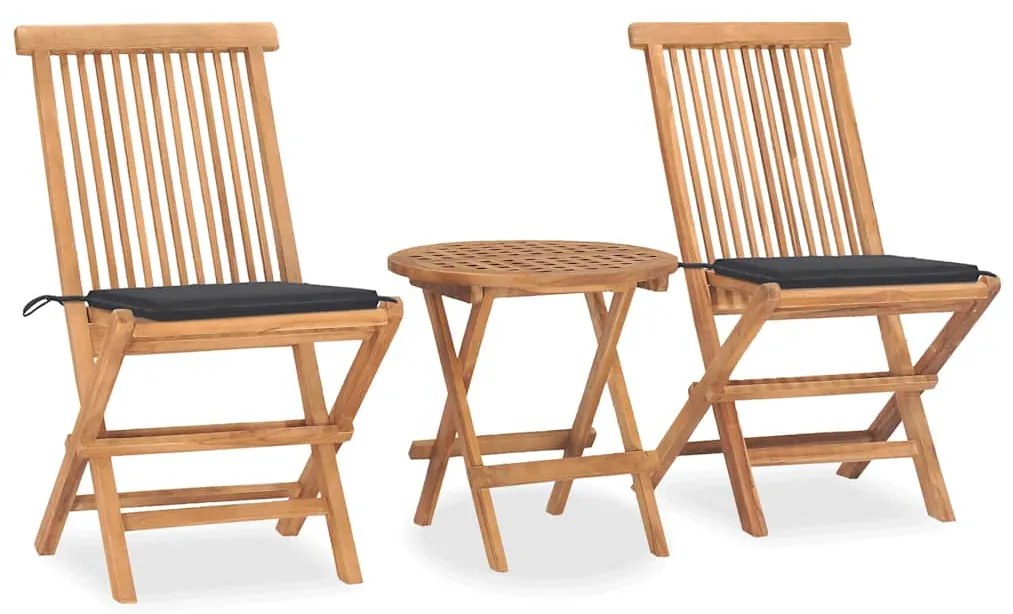 vidaXL Set mobilier exterior pliabil cu perne, 3 piese, lemn masiv tec