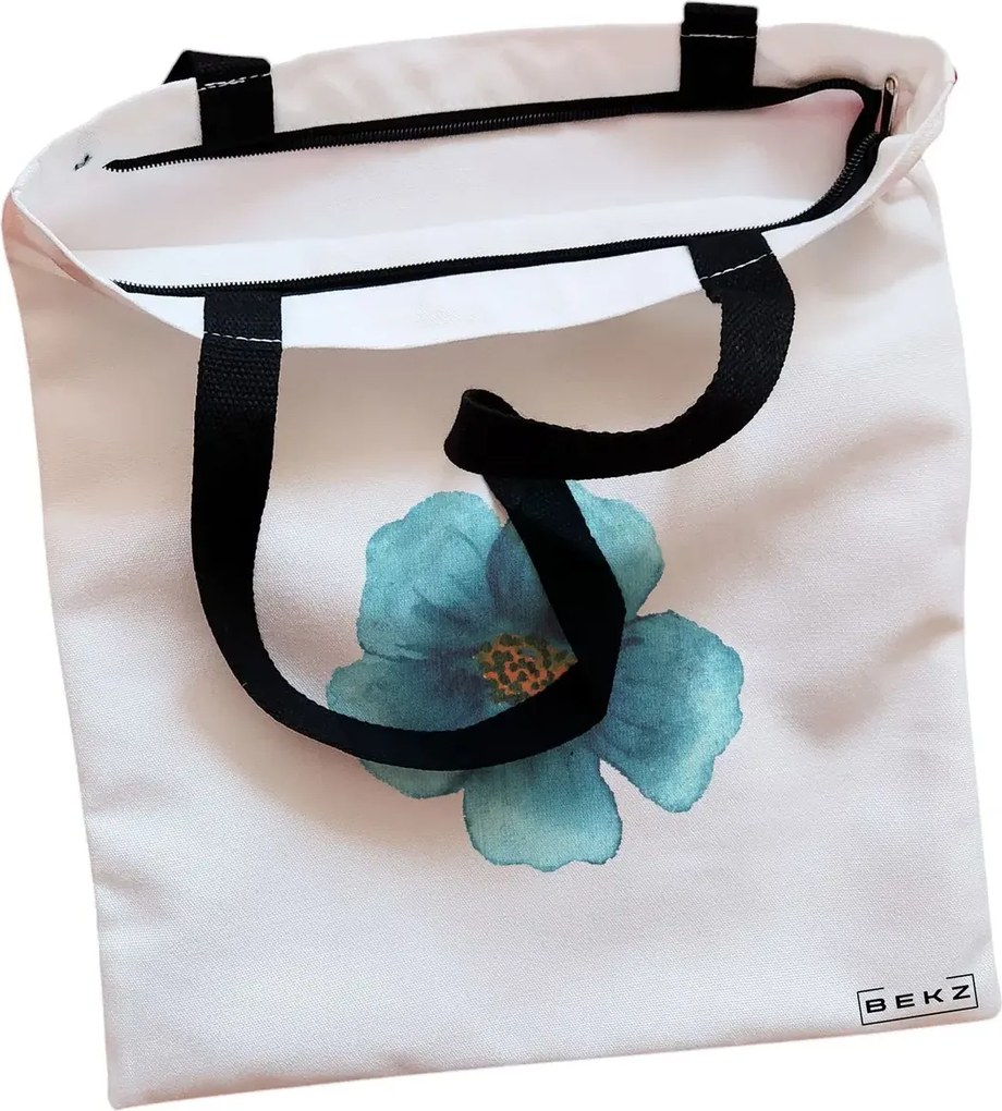 Sacosa de Panza pentru Cumparaturi, Geanta Tote, model Floral Albastru, Cu fermoar, 38x34.5 cm, Alba, BEKZ®