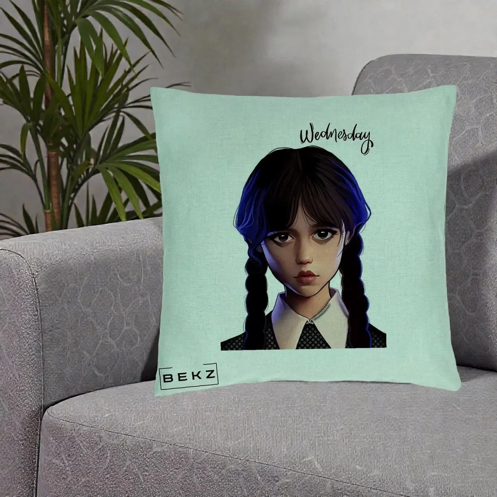 Perna Personalizata Wednesday Addams Portret Realist, 40x40 cm, Verde Menta, Husa Detasabila, Perna Inclusa, BEKZ®