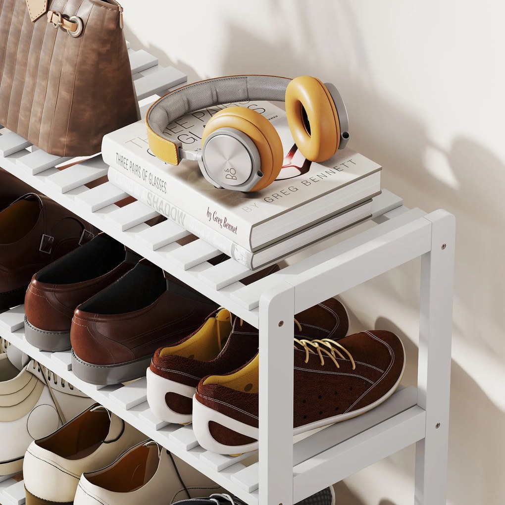 HOMCOM Etajeră pentru încălțăminte, suport pentru pantofi 3 niveluri, rafturi cu lamele, din lemn de pin, 70 x 26 x 57,5 cm, alb | Aosom Romania