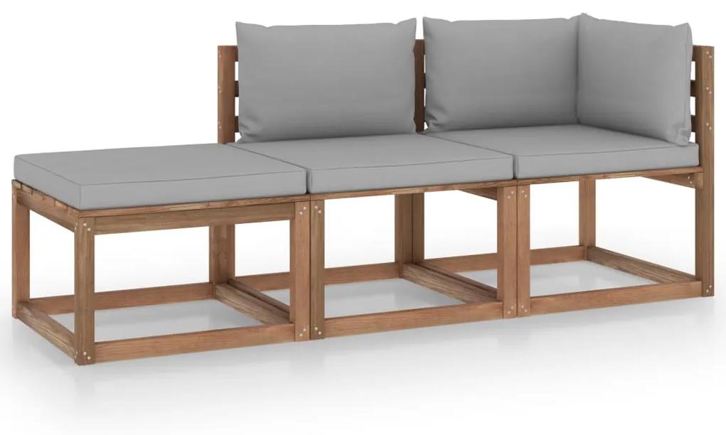 Set mobilier gradina paleti cu perne, 3 piese, lemn pin tratat Gri, colt + mijloc + suport pentru picioare, 1