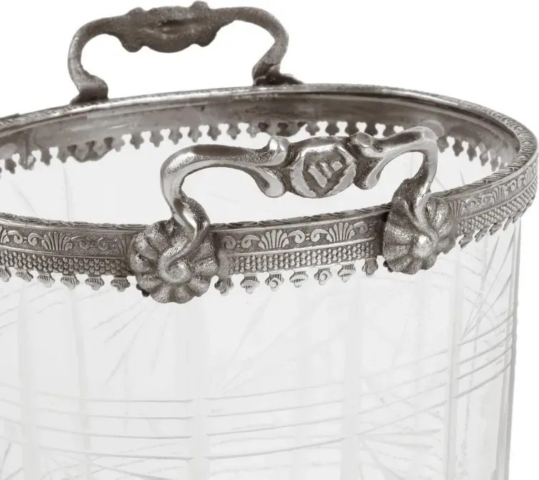 Suport lumânare din sticlă decorată manual și alamă, argintiu, oval, cu mânere și margine ornamentată, aspect vintage, finisaj antichizat, 19 x 15