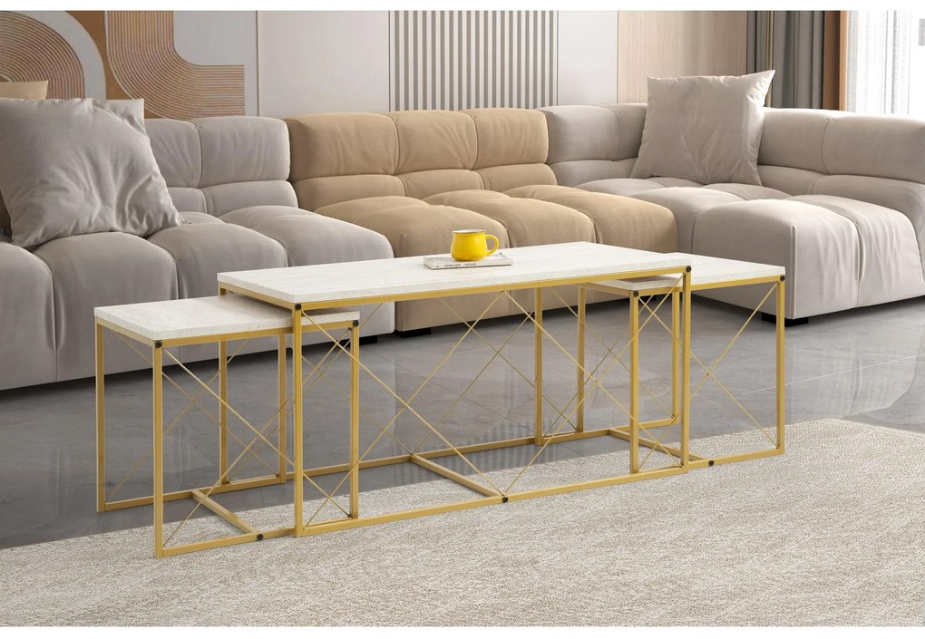 Set 3 măsuțe cafea Defenella (Marmură + Auriu). 1107089