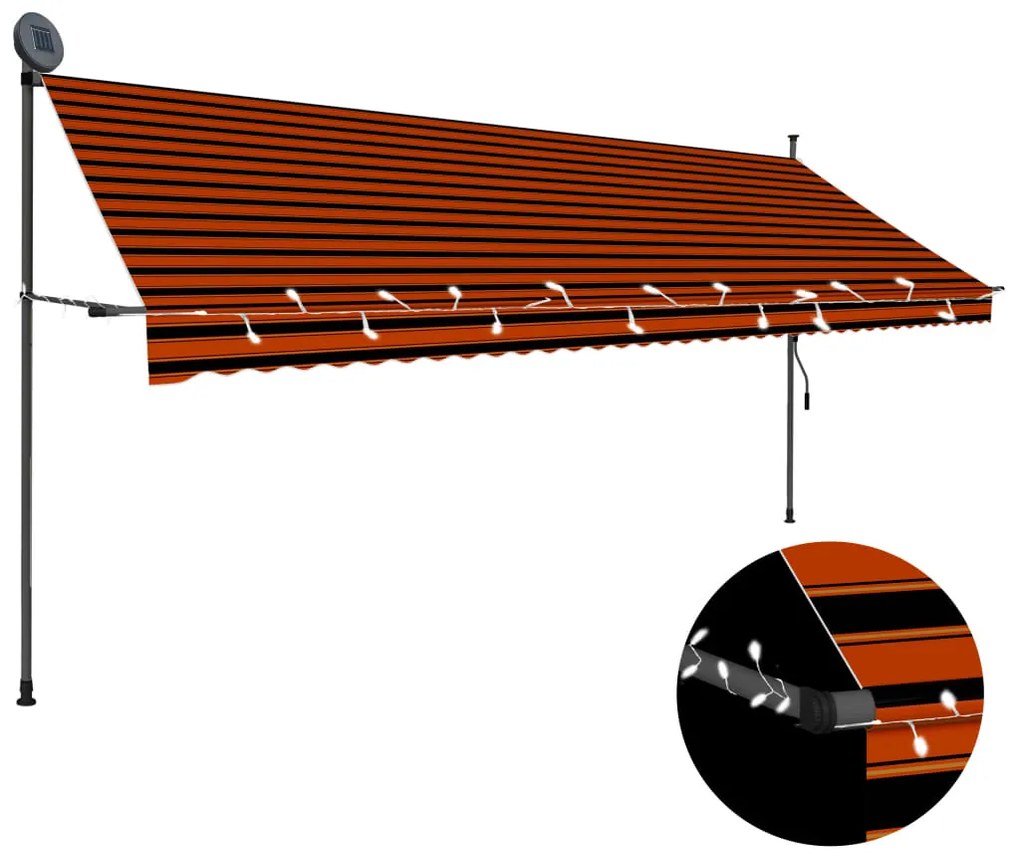 vidaXL Copertină retractabilă manual cu LED, portocaliu &amp; maro, 400 cm