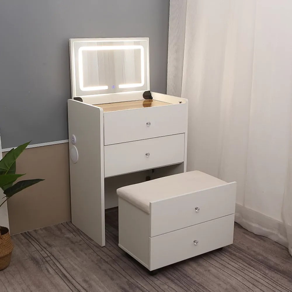 Set CLARICE SMART, Masă de toaletă pentru machiaj cu oglindă rabatabilă, iluminată LED, control touch, trei tipuri culoare, incarcare USB, Bluetooth, Boxa, 3 sertare, comodă, taburet, Alb