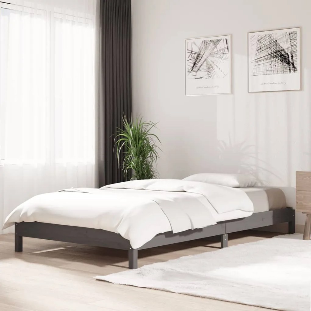 820394 vidaXL Pat stivuibil, gri, 90x200 cm, lemn masiv de pin