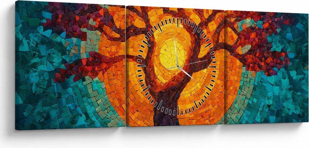 Tablou - Arborele vieții și soarele în mozaic (cu ceas) (90x30 cm)