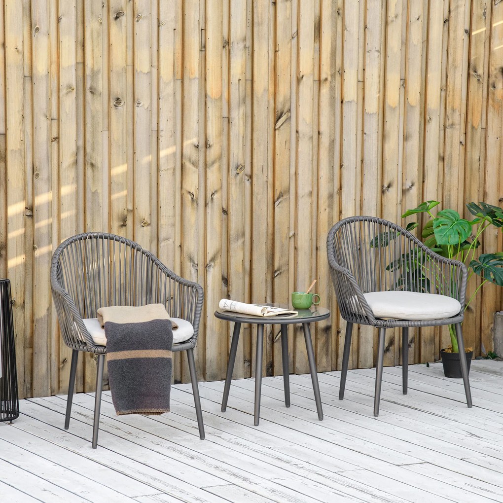 Outsunny Set Bistro de Terasă din 3 Piese, Set de Mobilier din Rachiță cu 2 Fotolii și Masă de Sticlă, 65x63x80 cm, Gri | Aosom Romania