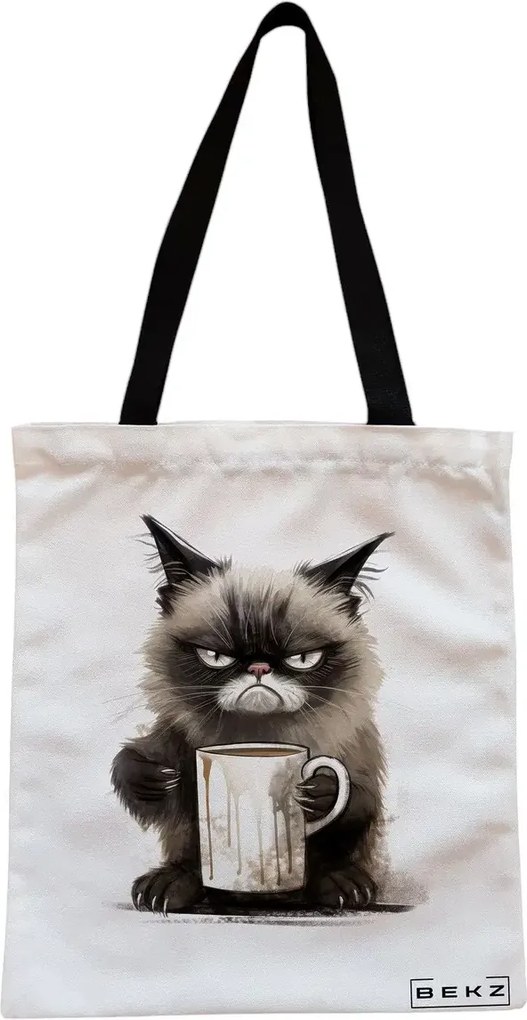 Sacosa de Panza pentru Cumparaturi, Geanta Tote, model Lazy Cat, Cu fermoar, 38x34.5 cm, Alba, BEKZ®