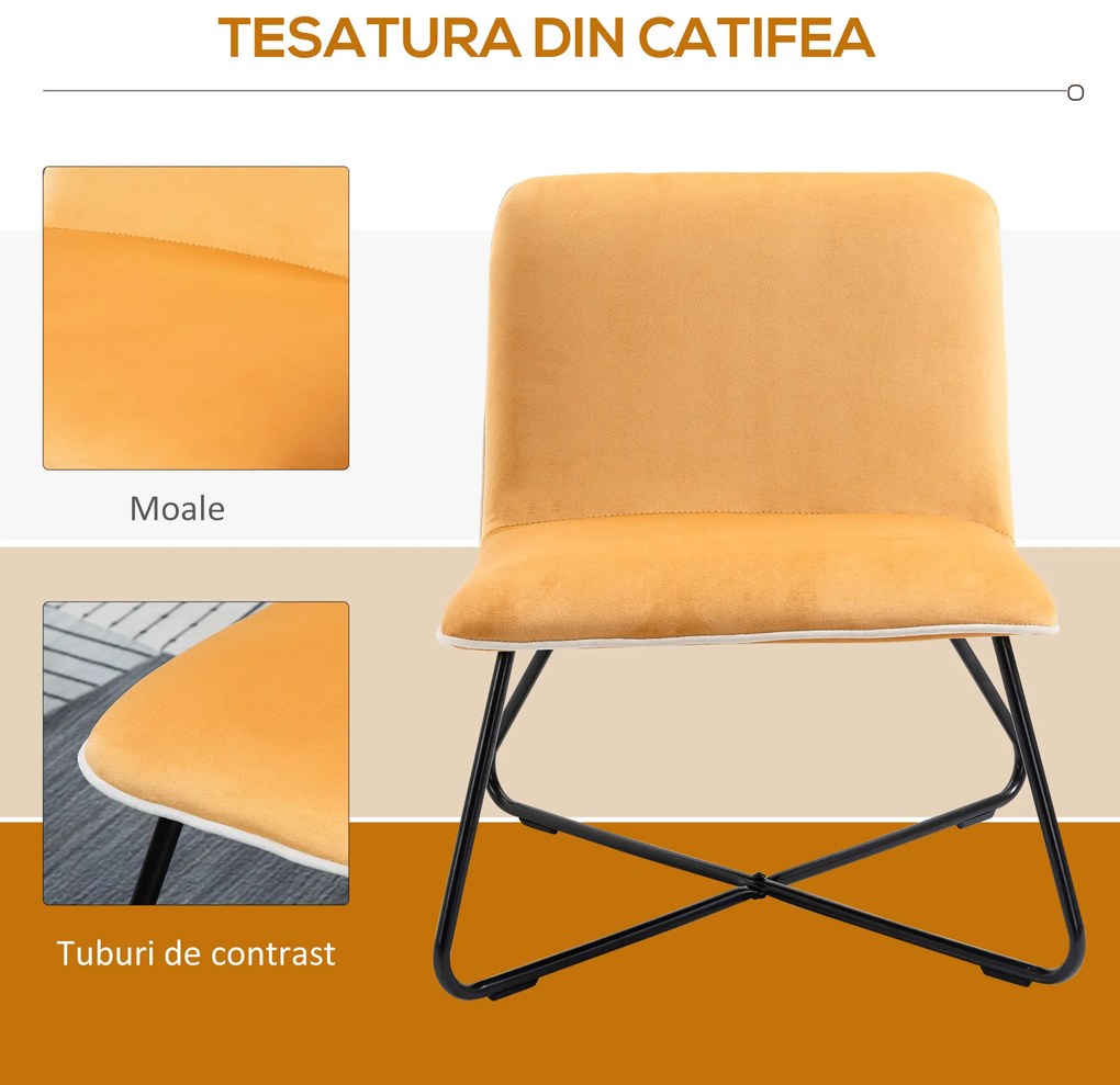 Fotoliu din Catifea HOMCOM Stil Nordic fara Cotiere, Scaun fotoliu de Camera cu Baza metalica Incrucisata, 55x69x68cm, Galben | Aosom RO