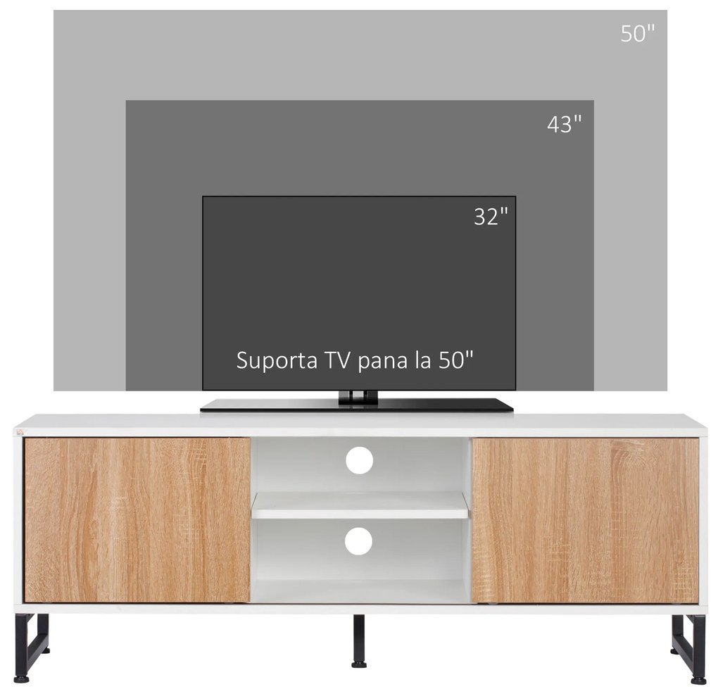 HOMCOM Suport TV pentru modele de pana la 50" Max, PAL modern si suport TV din otel cu 2 rafturi deschise si 2 dulapuri inchise, 120x39,5x45cm | Aosom Romania
