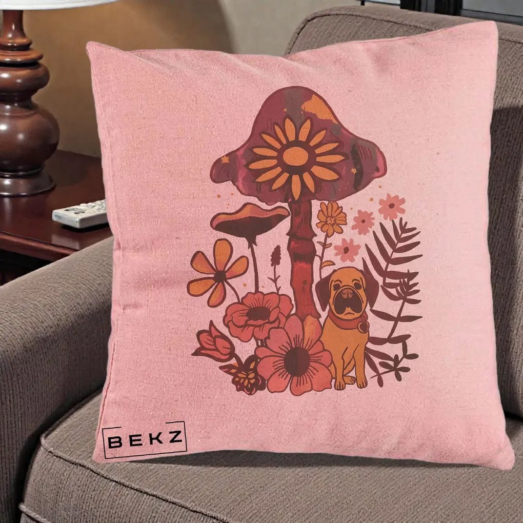 Perna Decorativa Ciuperca Caine Boho, 40x40 cm, Roz, Husa Detasabila, Perna Inclusa, BEKZ®