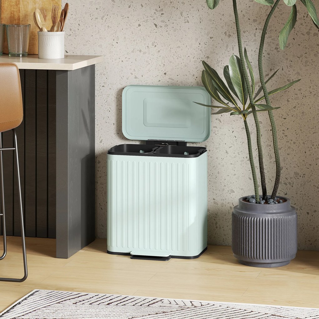 HOMCOM Coș de gunoi pentru bucătărie, 2 x 20 L compartimente, separare eficientă a deșeurilor, pedală, Plastic, Metal, Verde | Aosom Romania