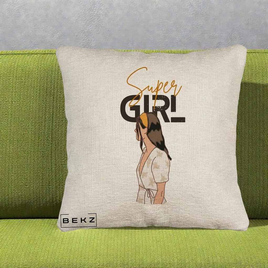 Perna Decorativa Super Girl Aesthetic, 40x40 cm, Bej Canapea, Husa Detasabila, Perna Inclusa, BEKZ®