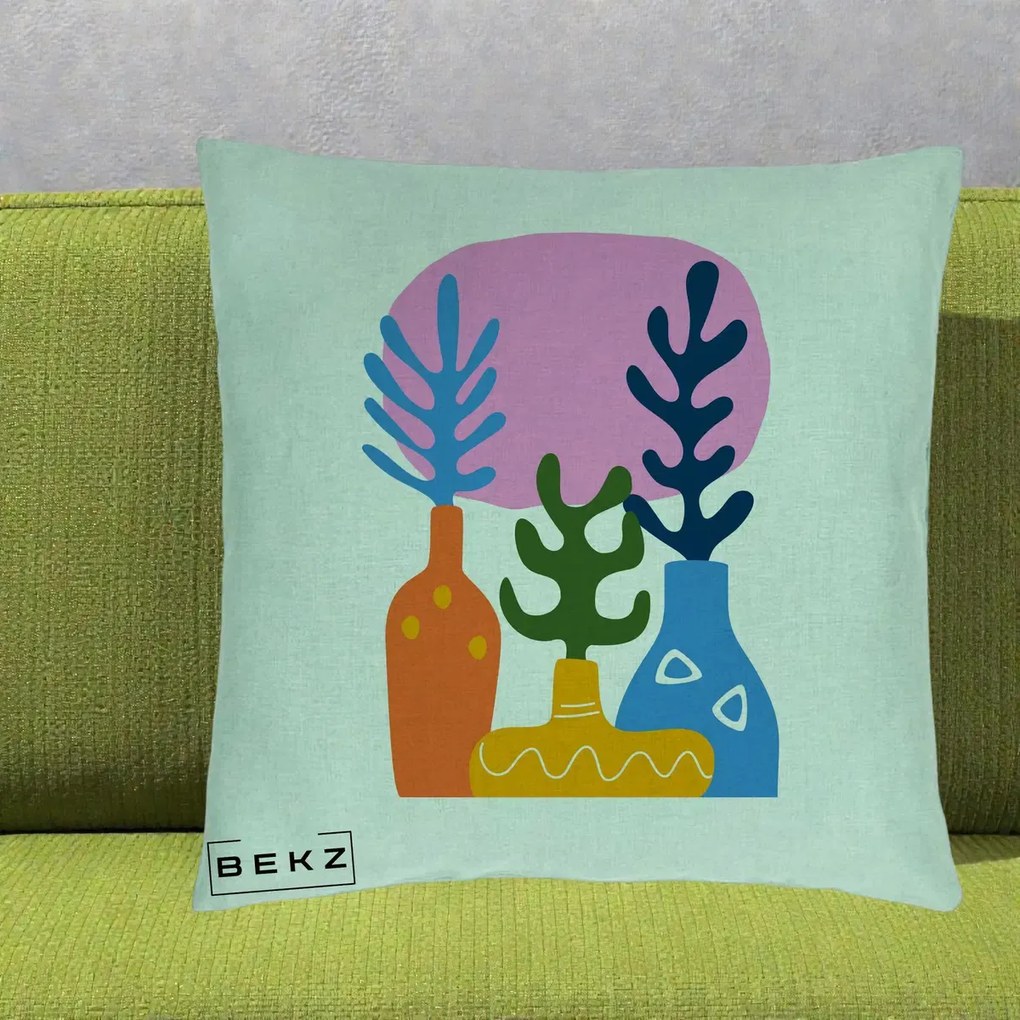 Perna Decorativa Vaze Botanice Abstract, 40x40 cm, Verde Menta, Husa Detasabila, Perna Inclusa, BEKZ®