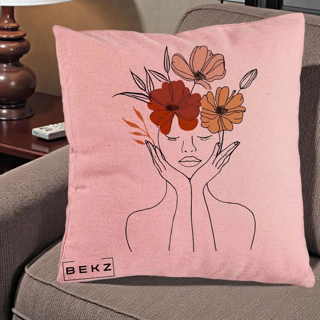 Perna Decorativa Portret Feminin Coroana Trei Flori, 40x40 cm, Roz, Husa Detasabila, Perna Inclusa, BEKZ®