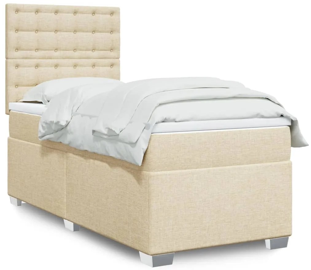 vidaXL Pat box spring cu saltea, crem, 90x200 cm, textil