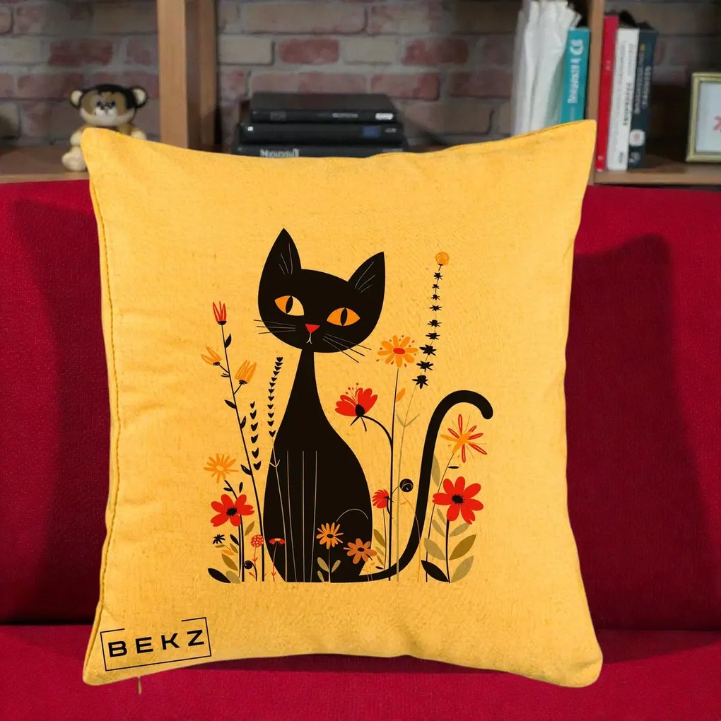 Perna Decorativa Pisica Neagra Ochi Galbeni Flori, 40x40 cm, Galben, Husa Detasabila, Perna Inclusa, BEKZ®