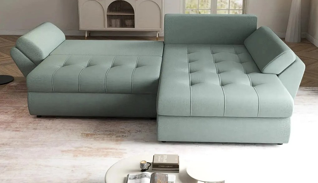 Colțar extensibil dumonde cu ladă de depozitare si sezut confortabil din spuma high-density, Loana Enjoy Mint II 270x185 cm