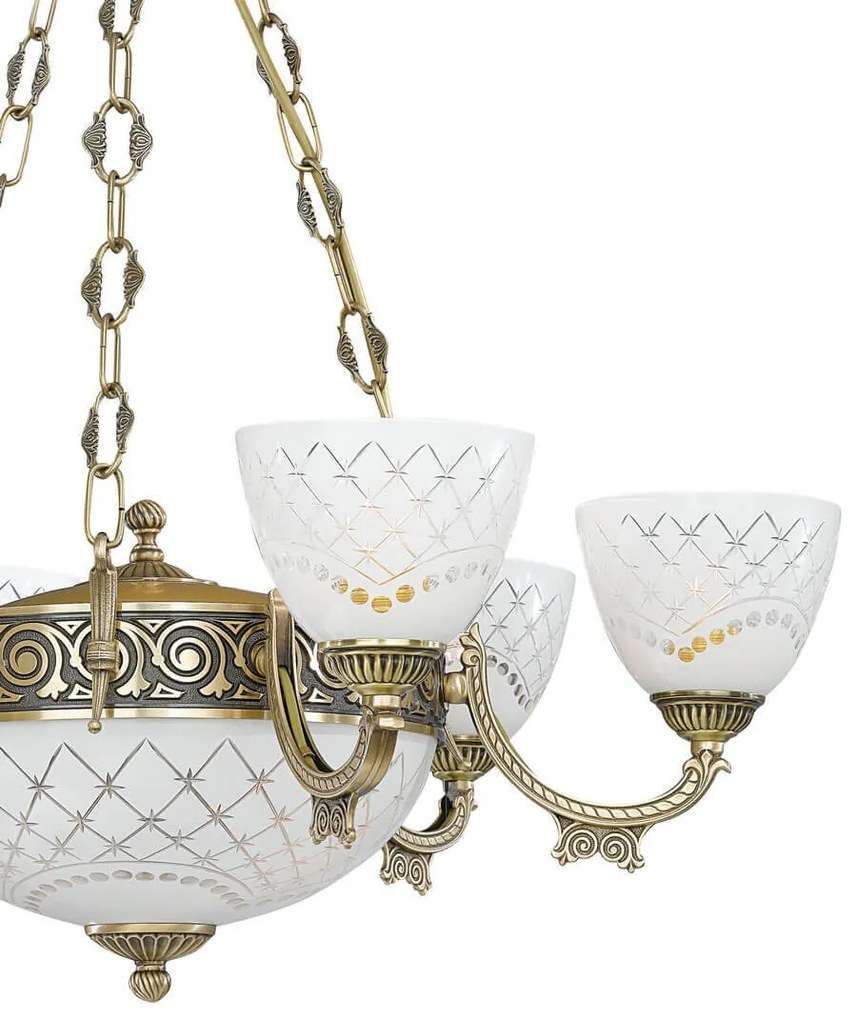 Candelabru cu 6 brate clasic design italian din alama, sticla 7052 RA-L. 7052/6+2