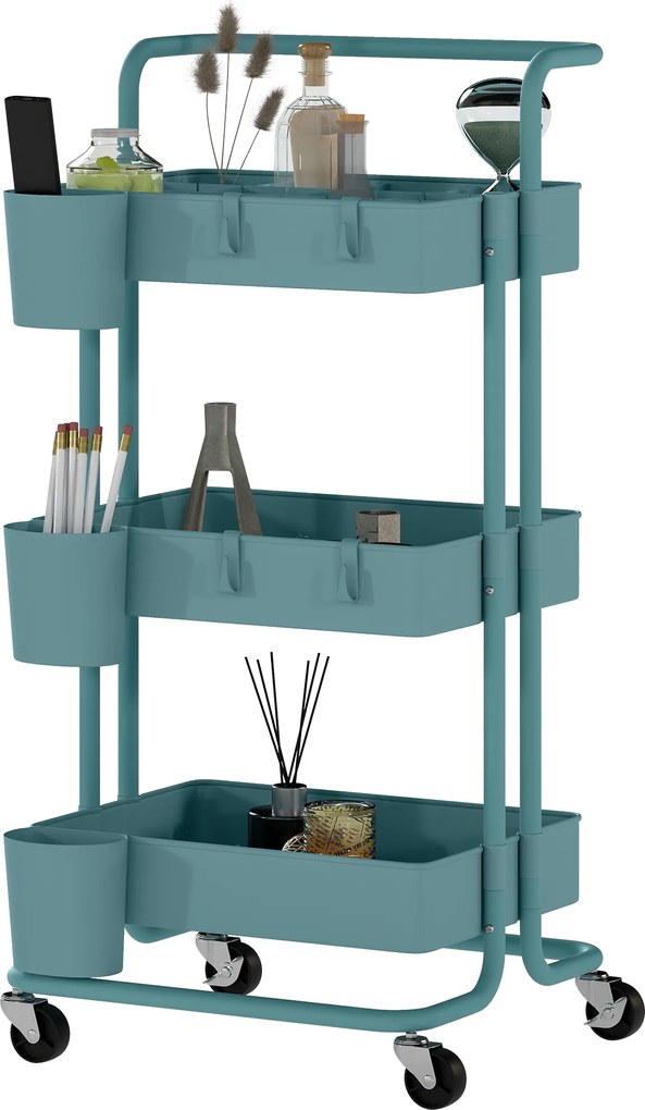 HOMCOM Cărucior cu 3 nivele etajeră cu 4 cârlige și 3 cutii suspendate amovibile pentru 42 x 38 x 86,5 cm albastru-verzui | Aosom Romania