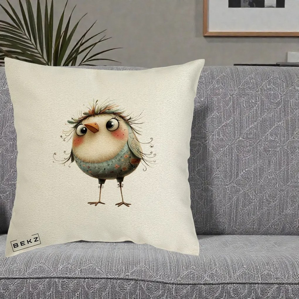 Perna Decorativa Pasare cu Penaj Zbarlit si Gene, 40x40 cm, Ecru, Husa Detasabila, Perna Inclusa, BEKZ®