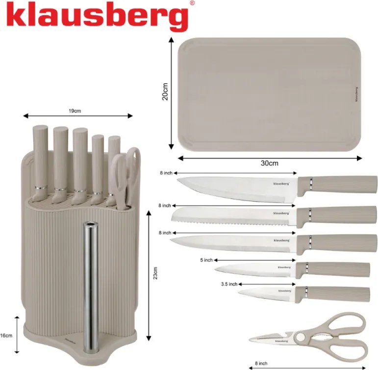 Set cuțite Klausberg KB 7978, 8 piese, Oțel inoxidabil, Suport, Suport hârtie de bucătărie, Bej
