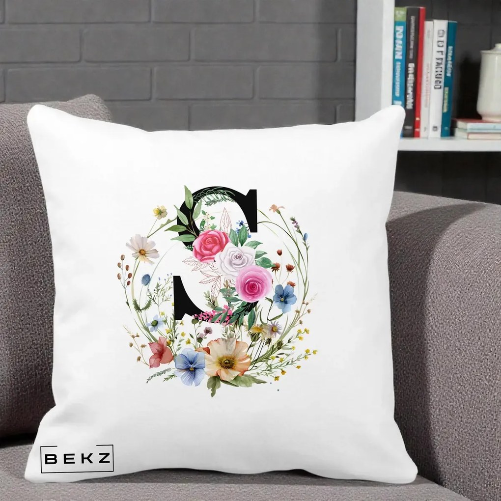 Cadou Personalizat - Perna Personalizata Monogram Litera S cu Flori Acuarela, 40x40 cm, Alba Mata, Husa Detasabila, Perna Inclusa, BEKZ®