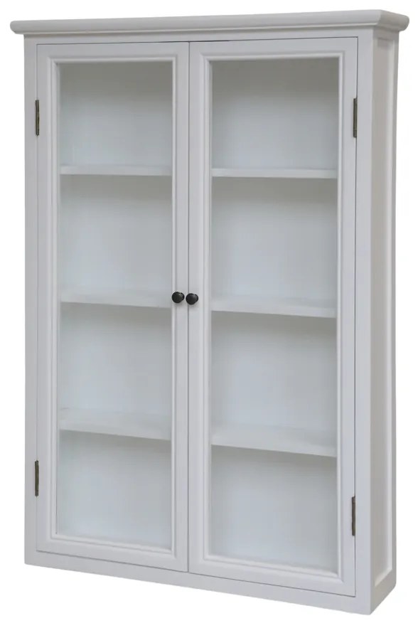 Vitrina alba, de perete, din lemn masiv si furnir, cu 2 usi si 3 rafturi, aspect rustic, Marseille