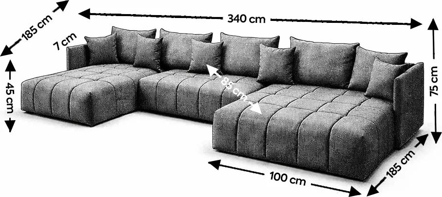 Colțar extensibil dumonde cu ladă de depozitare si sezut confortabil din spuma high-density, Malta U Enjoy Grafit 340x185 cm