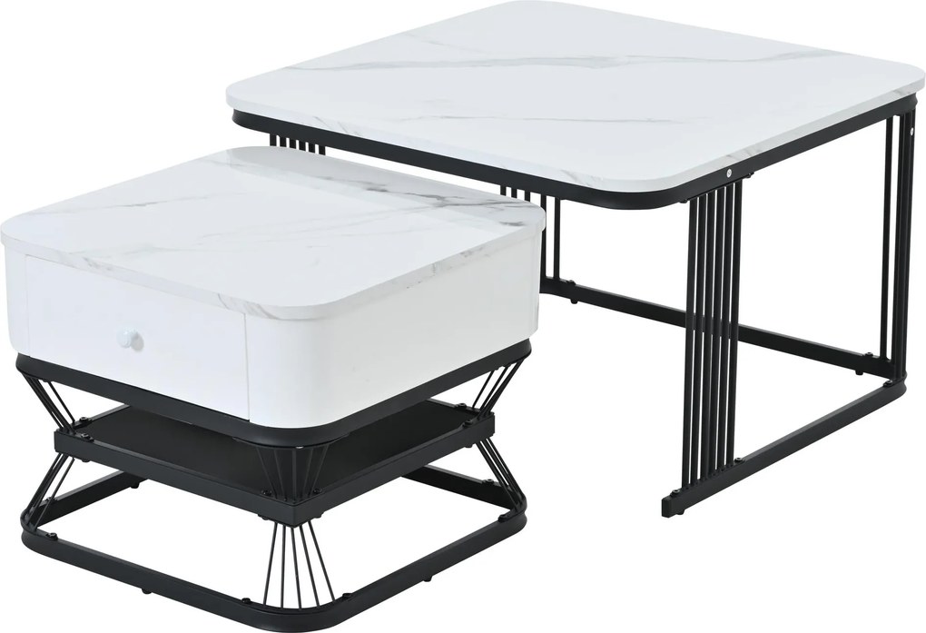 Set masă de cafea, 2 piese, set masă pentru living cu 1 sertar, 70x70x45 cm/50x50x40 cm, Alb+Negru
