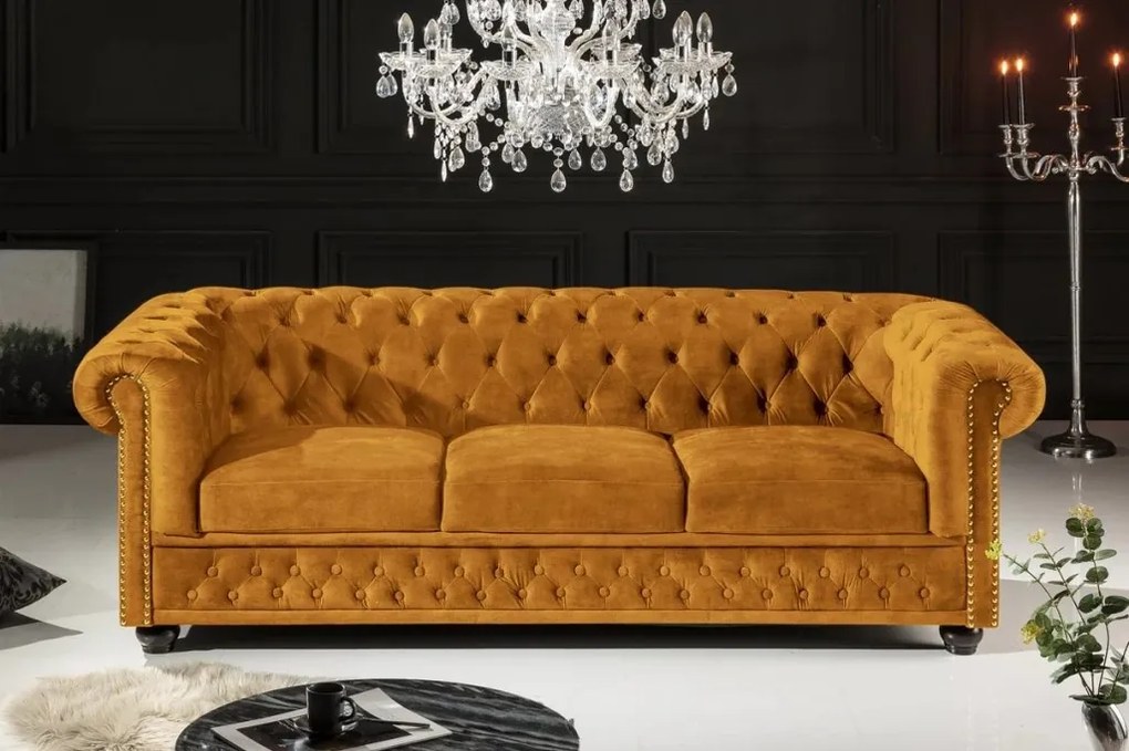 Canapea clasica stil englezesc Chesterfield 3 locuri, galben mustar