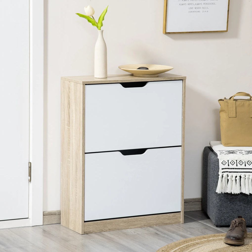 HOMCOM Dulap pantofi cu 2 Sertare Rabatabile, 8 Perechi, cu un Dispozitiv Anti-Răsturnare, Design Compact, 62,5x26x81 cm, Natural | Aosom Romania