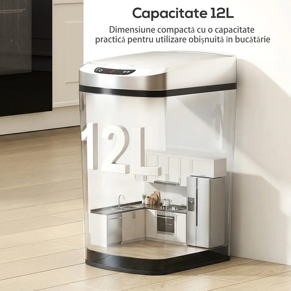 HOMCOM Coș Gunoi 12L cu Senzor Infraroșu, Buton Touch și Găleată Detașabilă, Coș de Gunoi din Oțel Inoxidabil, ABS și PP, 28x22x41 cm, Argintiu | Aosom Romania