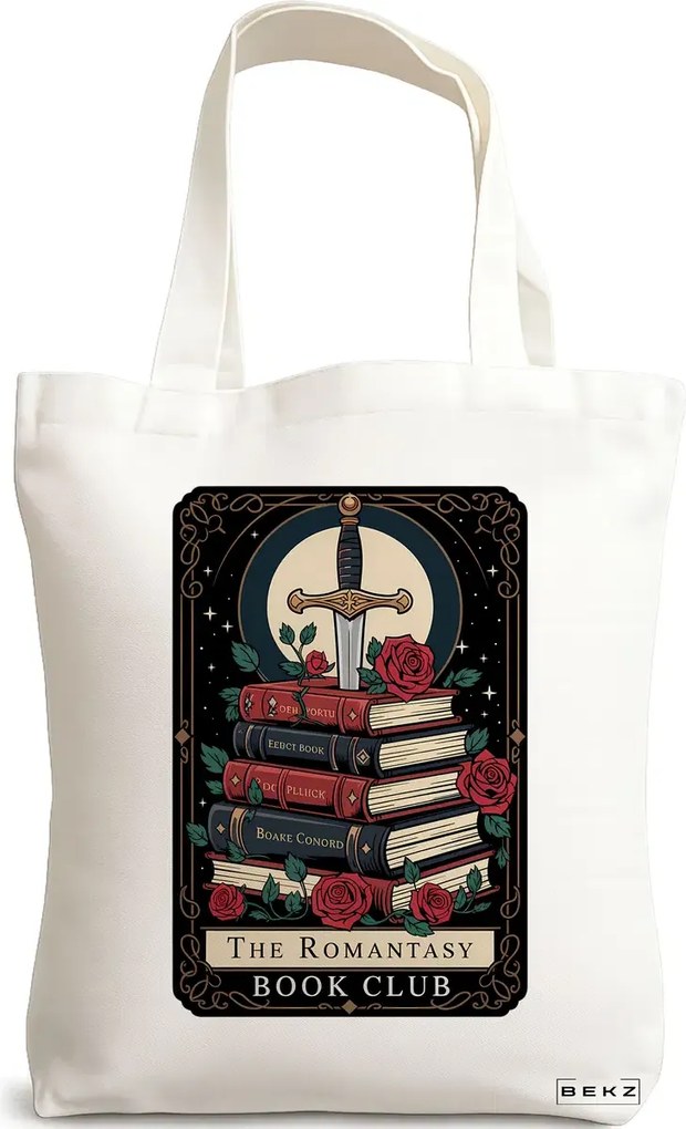 Sacosa de Panza pentru Cumparaturi, Geanta Tote, model The romantasy book club 38 x 34.5 cm, Alba, BEKZ®