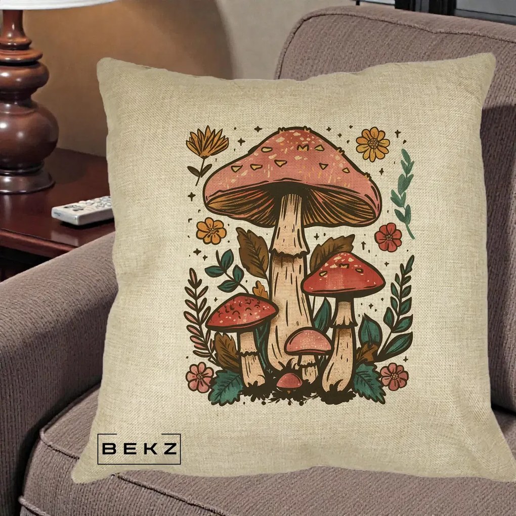 Perna Decorativa Ciuperci Vintage Floral, 40x40 cm, Crem, Husa Detasabila, Perna Inclusa, BEKZ®